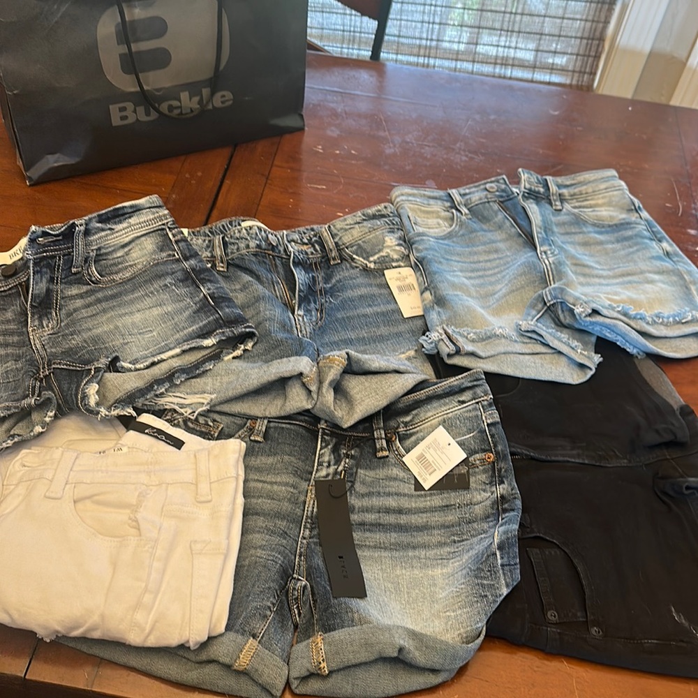 All items included. $60.  kancan & bke denim shorts & kancan white denim jeans.